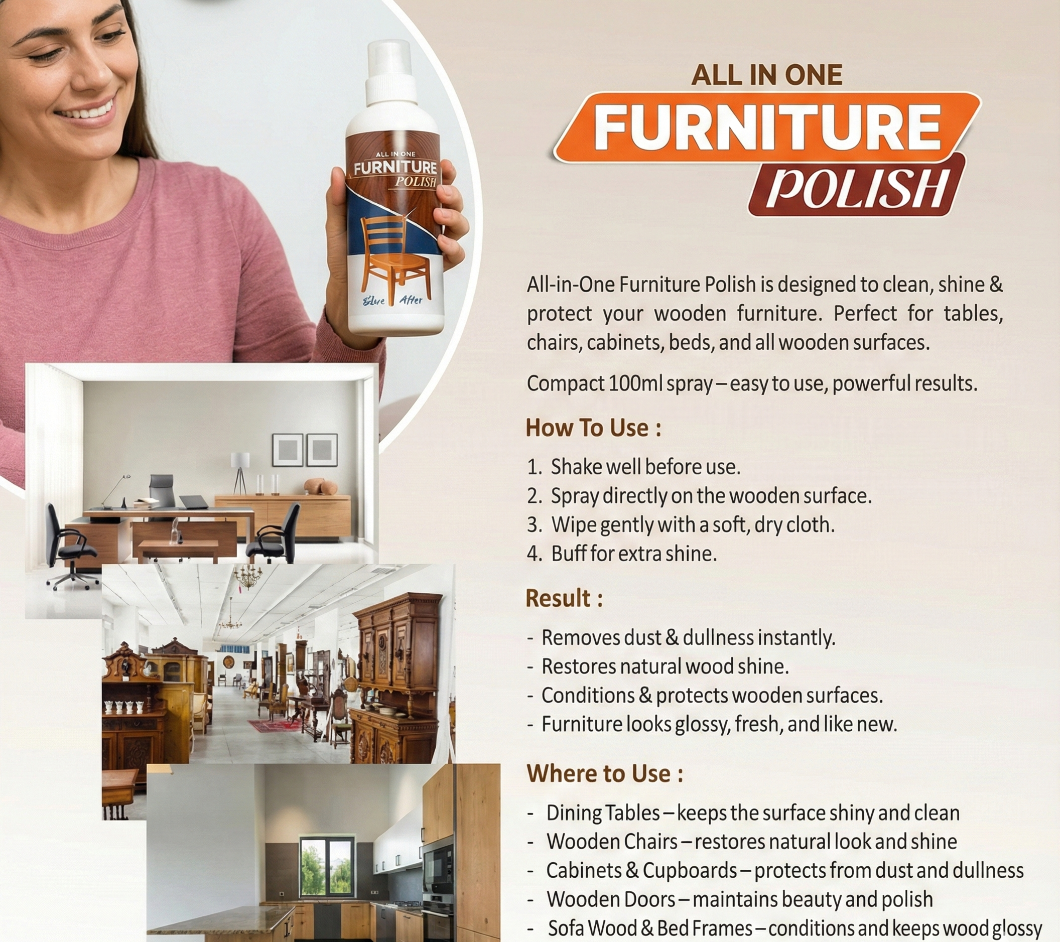 Premium All-in-One Furniture Polish - Professional Grade Wood Shine (3 Pack, 450g)