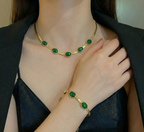 Oval Green Crystal Pendant Necklace Set With Bracelet