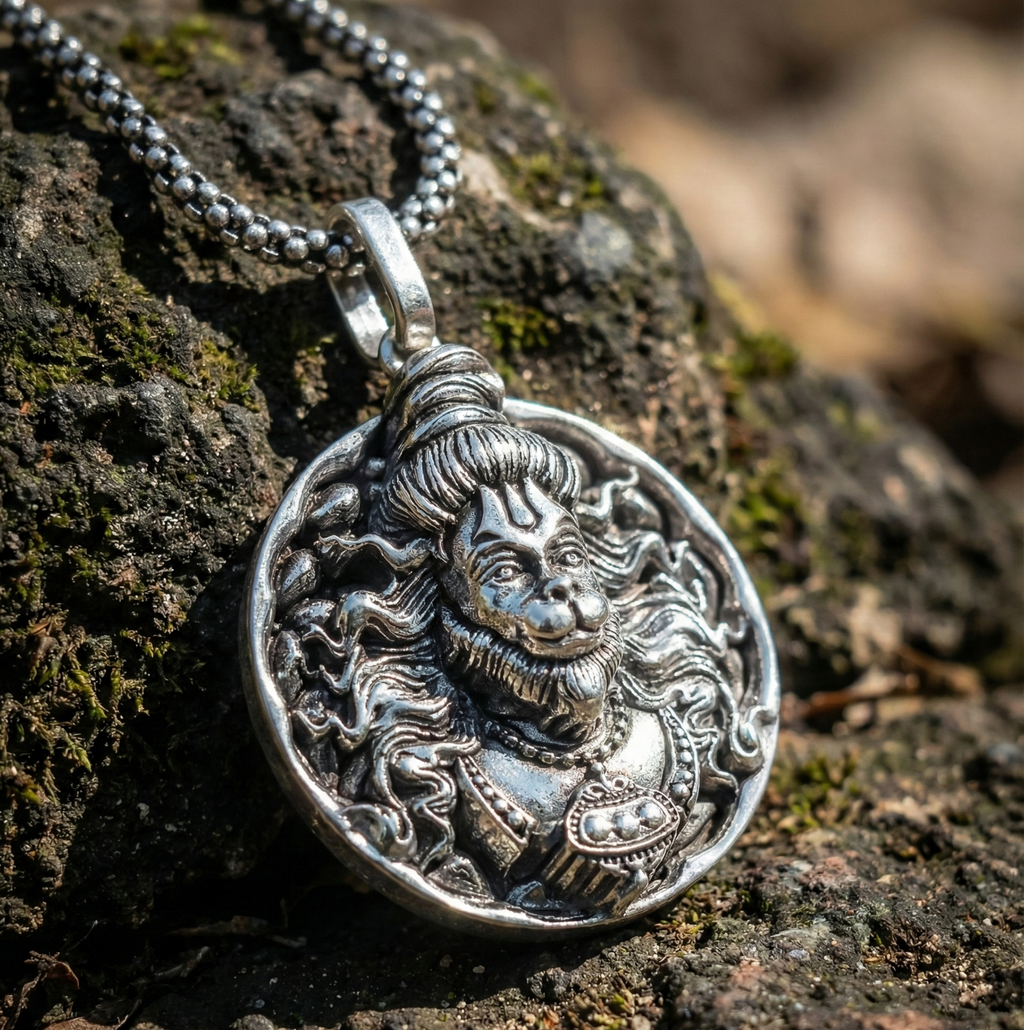 Divine Hanuman Ji Pendant with Oxidized Silver Chain