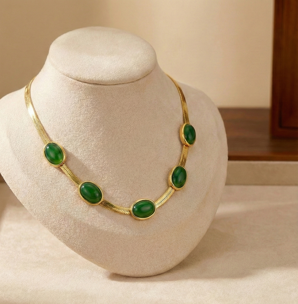 Oval Green Crystal Pendant Necklace Set With Bracelet