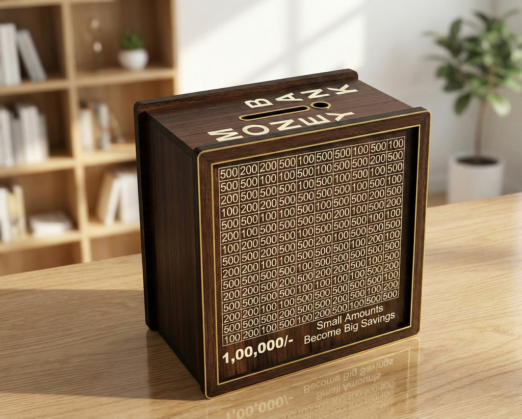 Wooden Savings Challenge Box - 1 Lakh Goal Piggy Bank with Tick-Box Number Grid