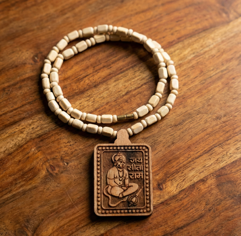 Tulsi Kanthi Mala With Hanuman Pendant Wood Locket