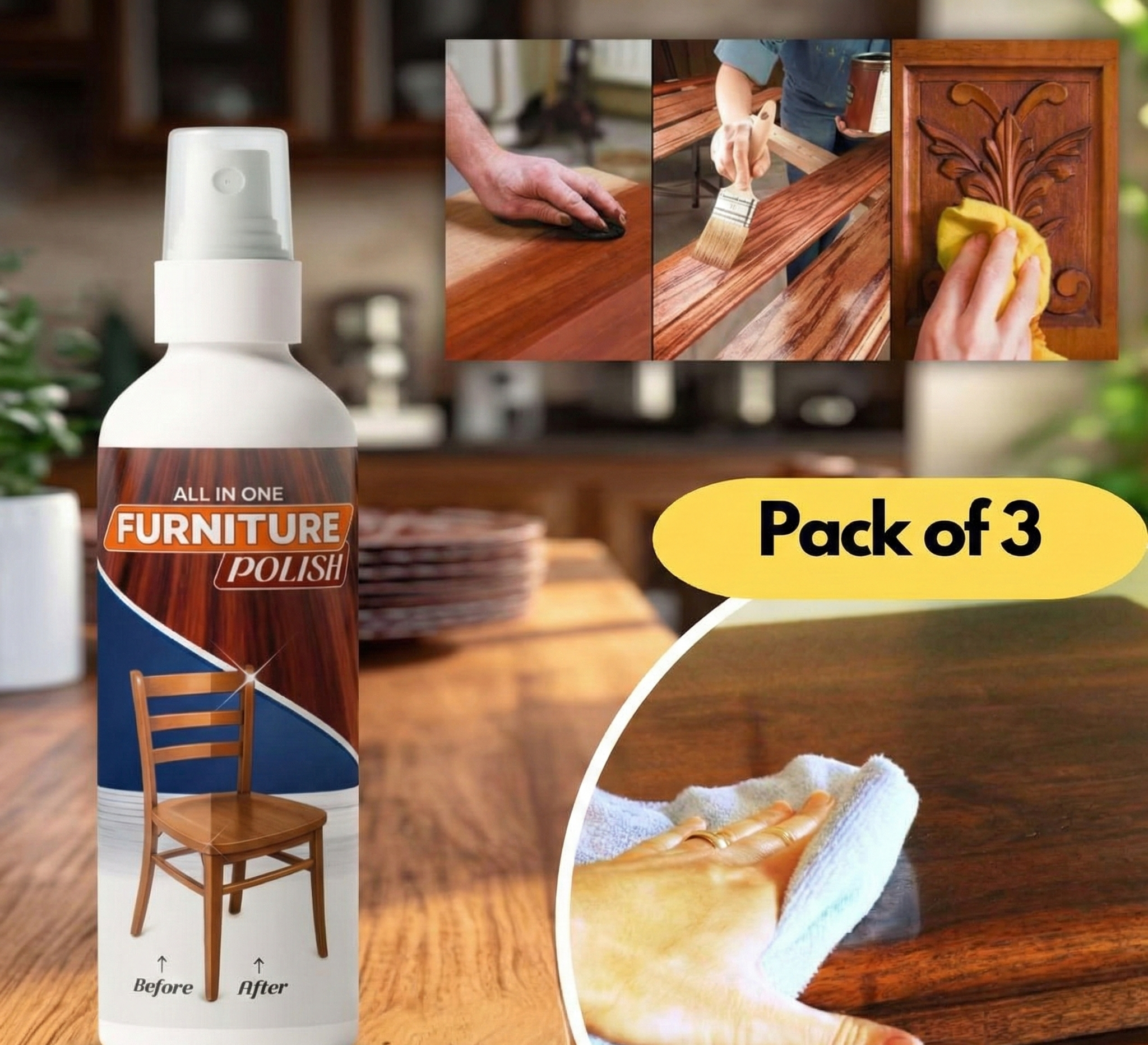 Premium All-in-One Furniture Polish - Professional Grade Wood Shine (3 Pack, 450g)