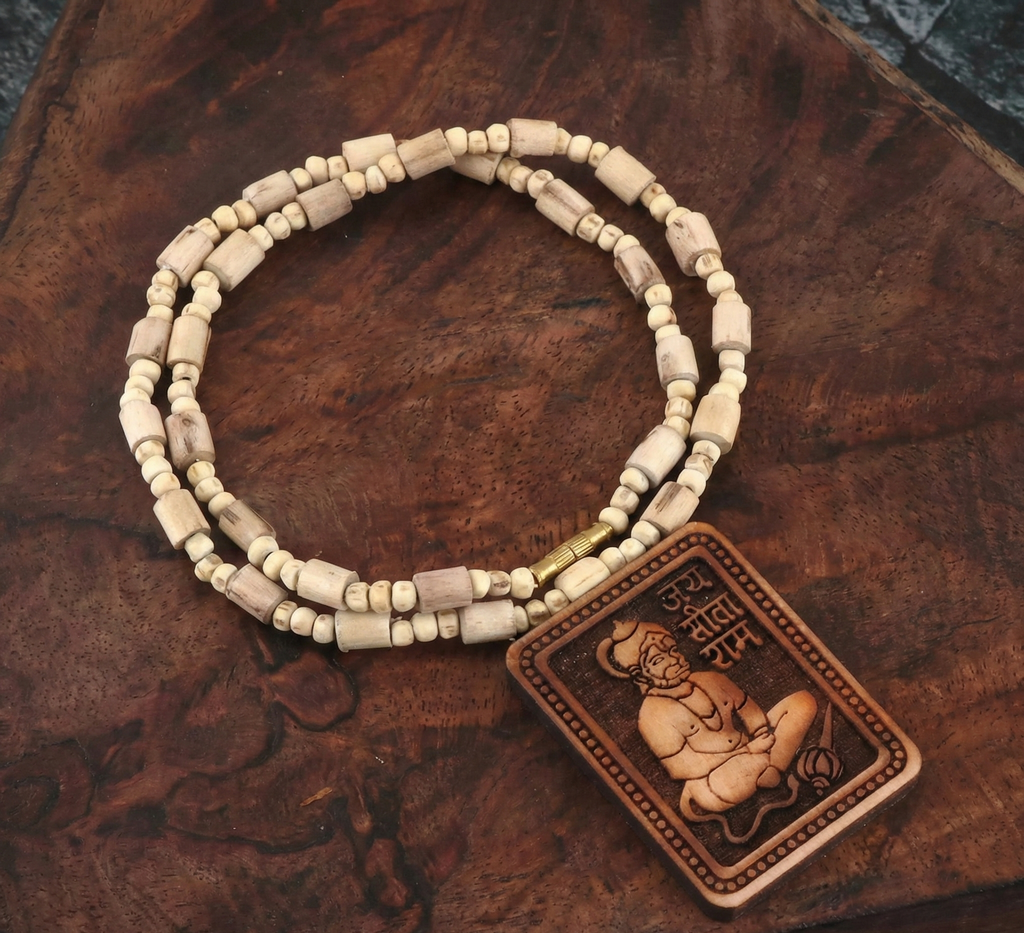 Tulsi Kanthi Mala With Hanuman Pendant Wood Locket