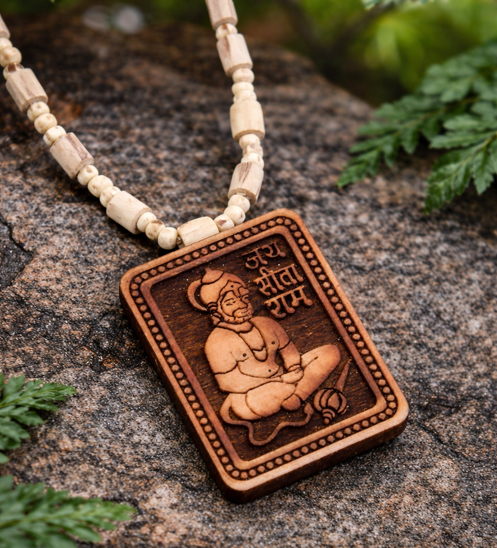 Tulsi Kanthi Mala With Hanuman Pendant Wood Locket